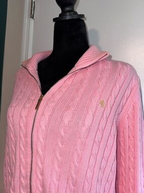 Ralph Lauren - Pink Cable Knit Zip-up Sweater with Gold Accents